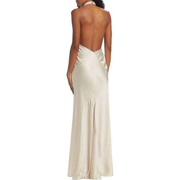 NWT Amanda Uprichard Cowl Halter Neck Open Back Silk Rainier Gown Chalk Medium $ - Picture 3 of 12
